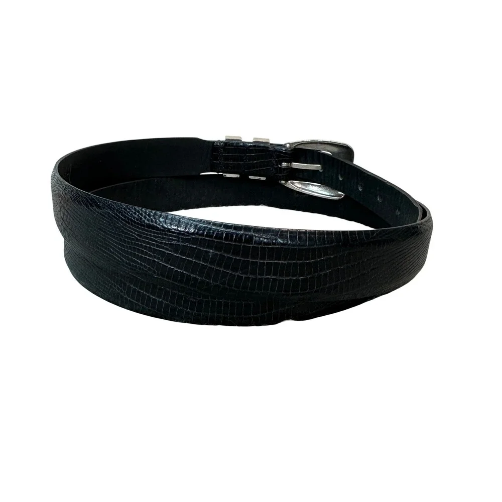 Tulliani Mens Black Lizard Embossed Leather Western Ranger Belt Silver Gold 48